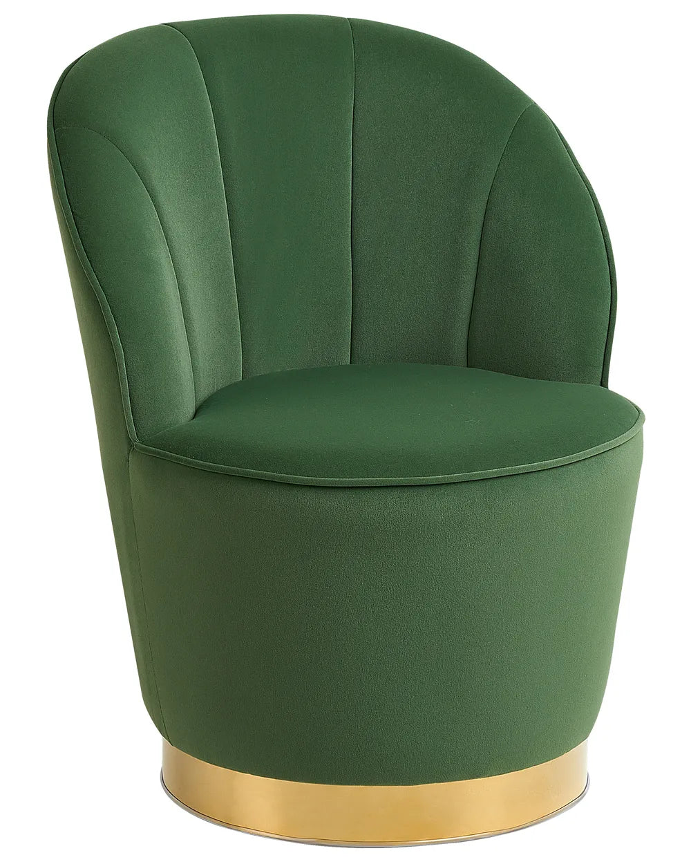 Green velvet chair with a gold base on a white background