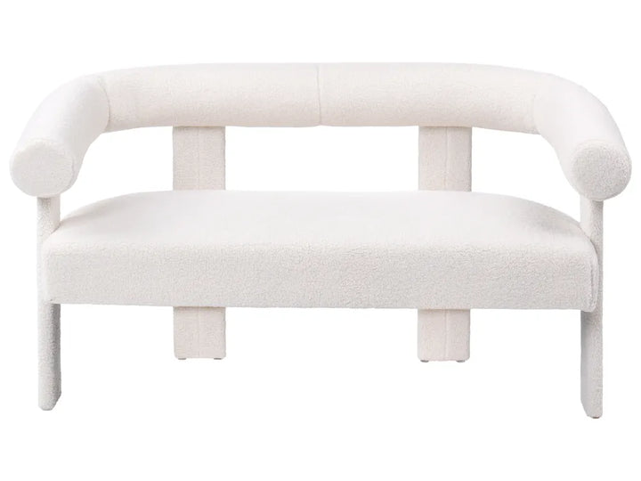White bench with rounded armrests and legs on a white background