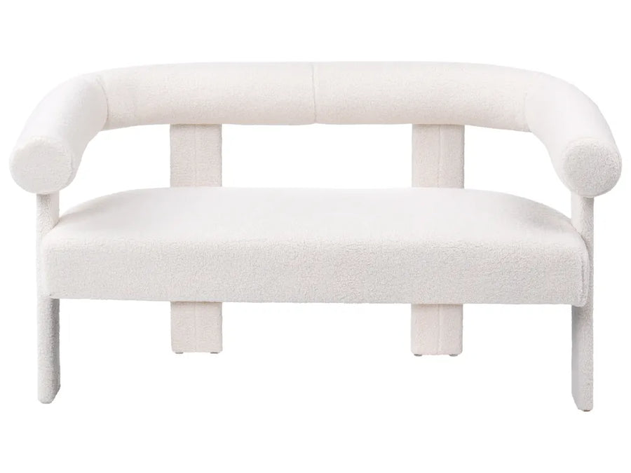 White bench with rounded armrests and legs on a white background