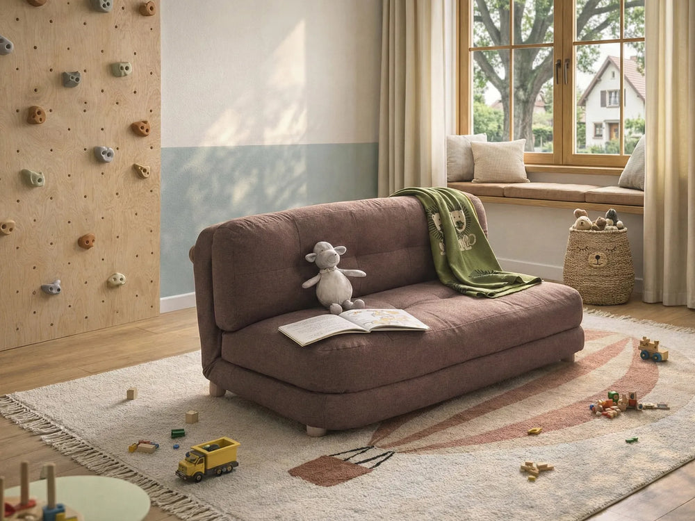 Brown faux linen 2 seater sofa bed with tufted upholstery