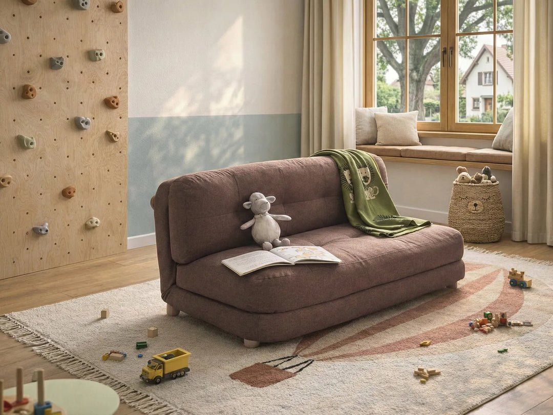 Brown faux linen 2 seater sofa bed with tufted upholstery
