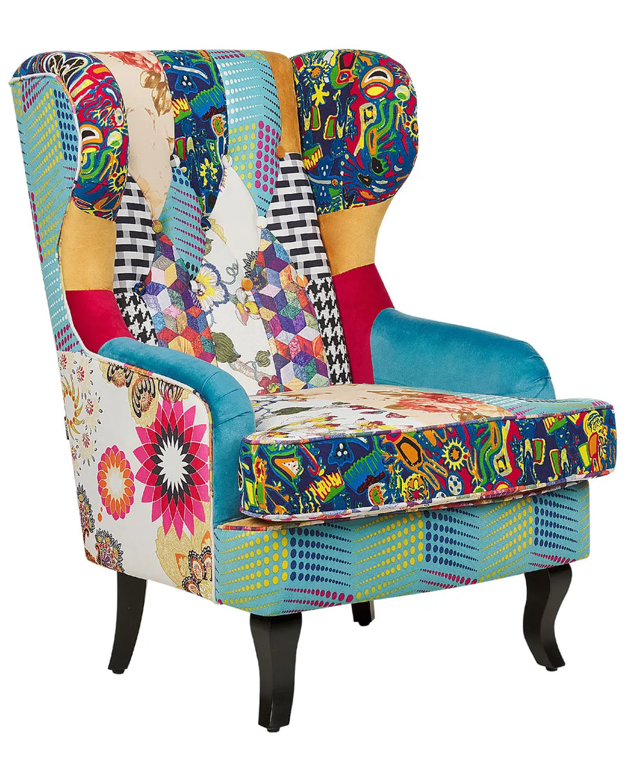 Colorful patchwork armchair with a vibrant pattern on a white background