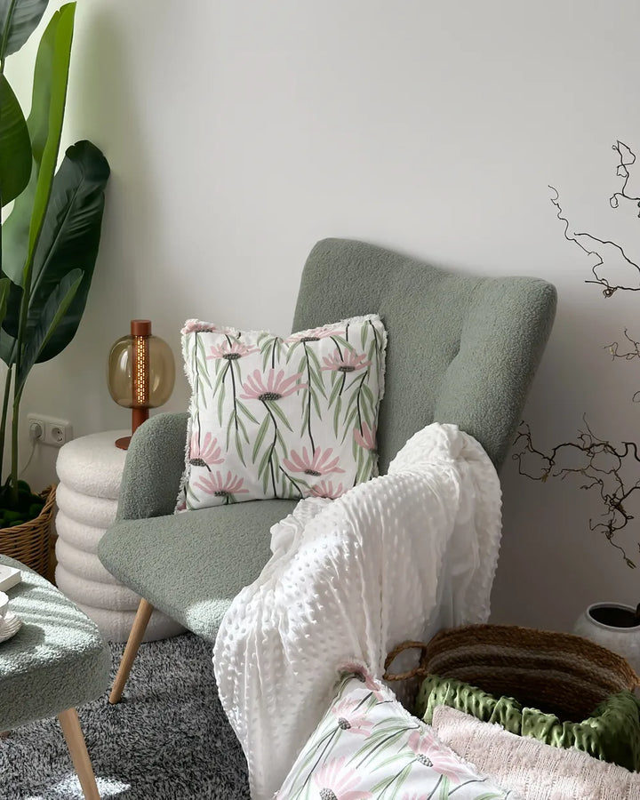Wingback Chair with Footstool Boucle Light Green Devonaire