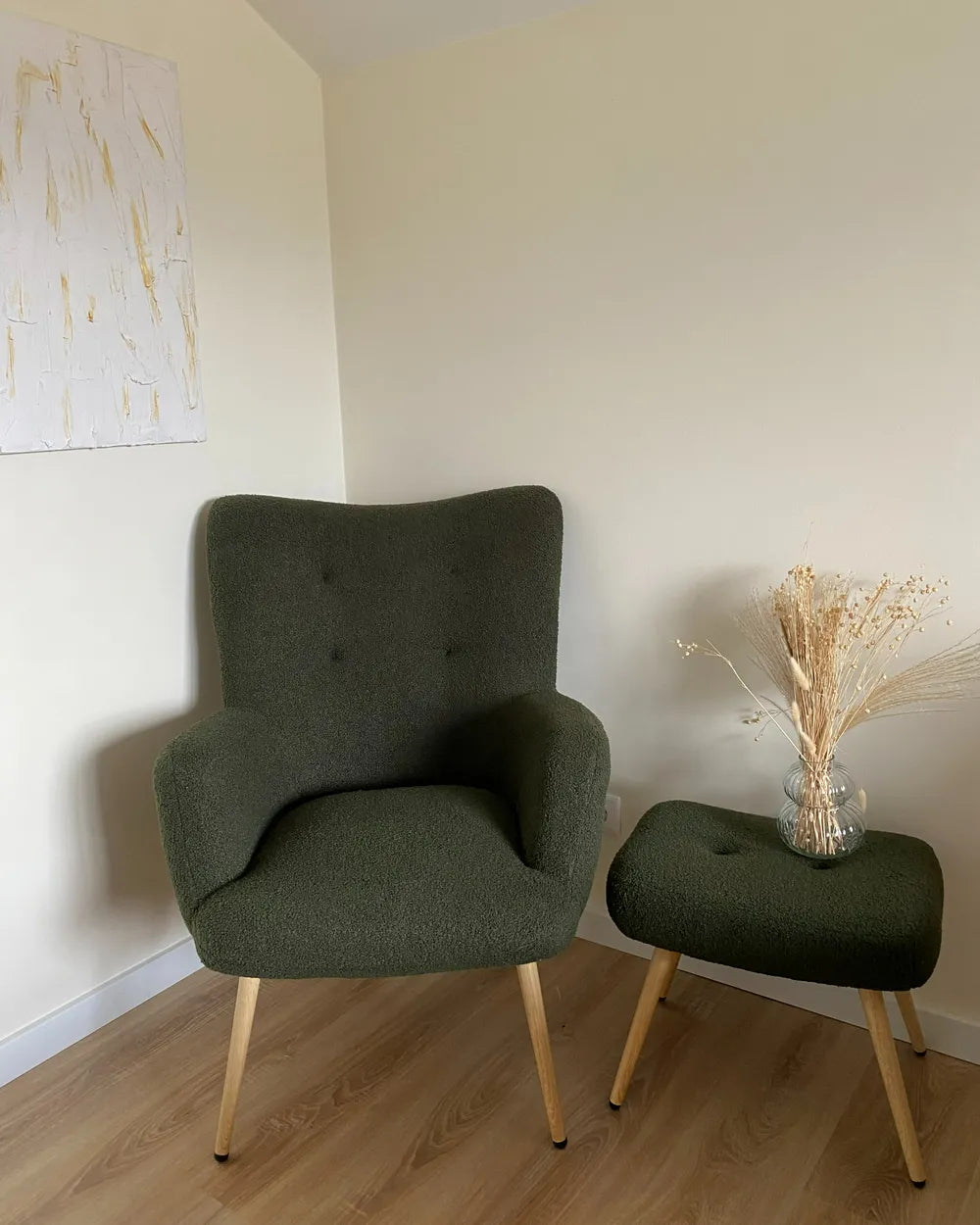 Wingback Chair with Footstool Boucle Dark Green Devonaire