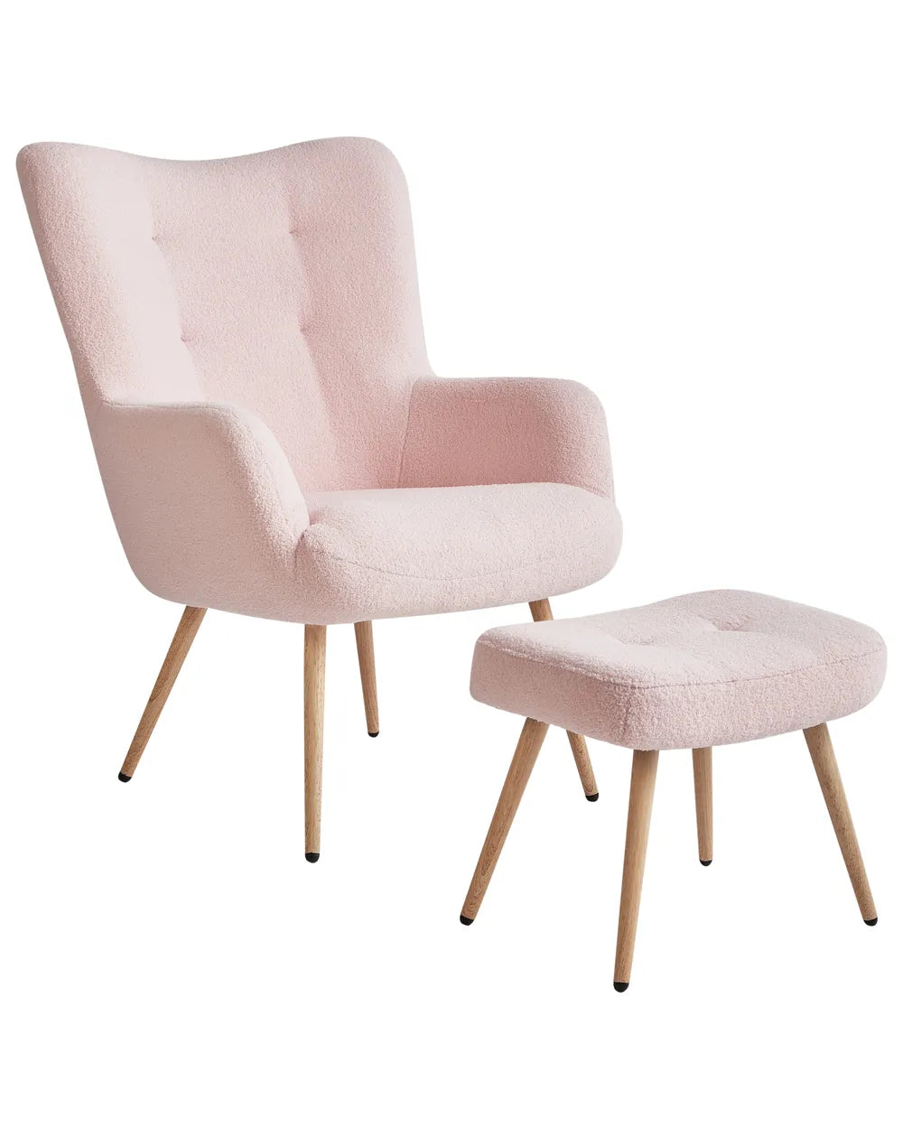 Wingback Chair with Footstool Boucle Pastel Pink Devonaire