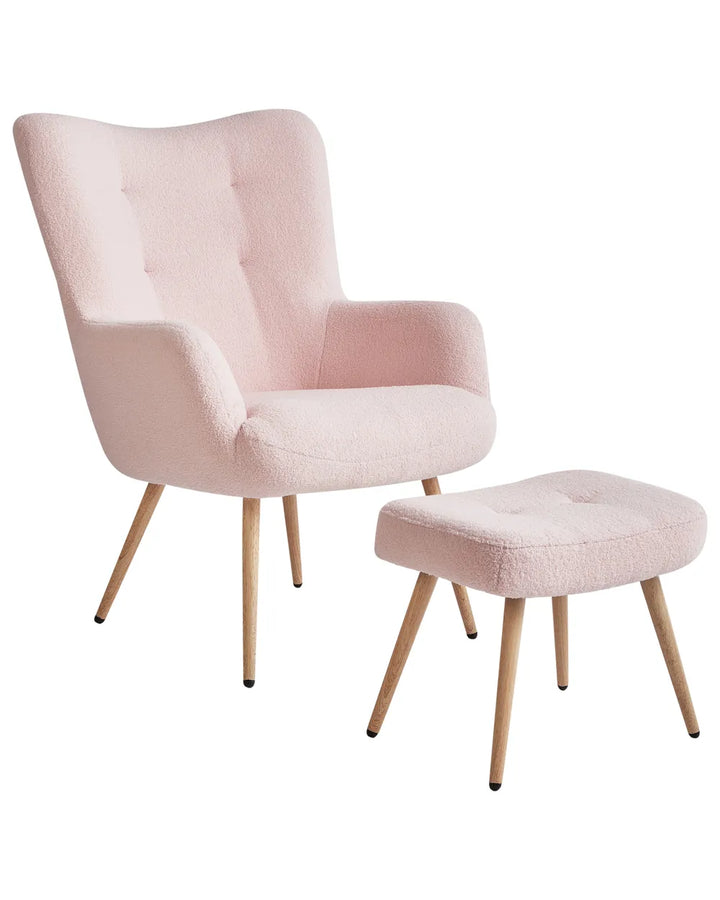 Wingback Chair with Footstool Boucle Pastel Pink Devonaire