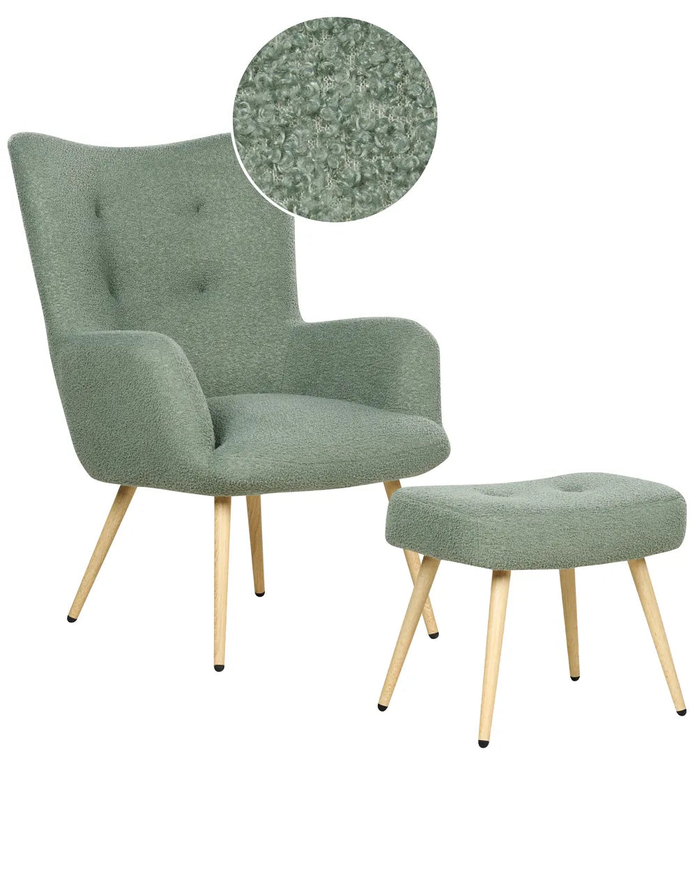 Green armchair with ottoman on a white background