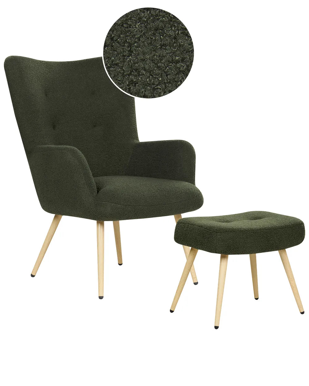 Green armchair with ottoman on a white background