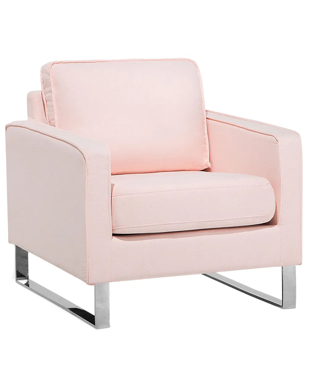 Pink armchair with a chrome frame on a white background