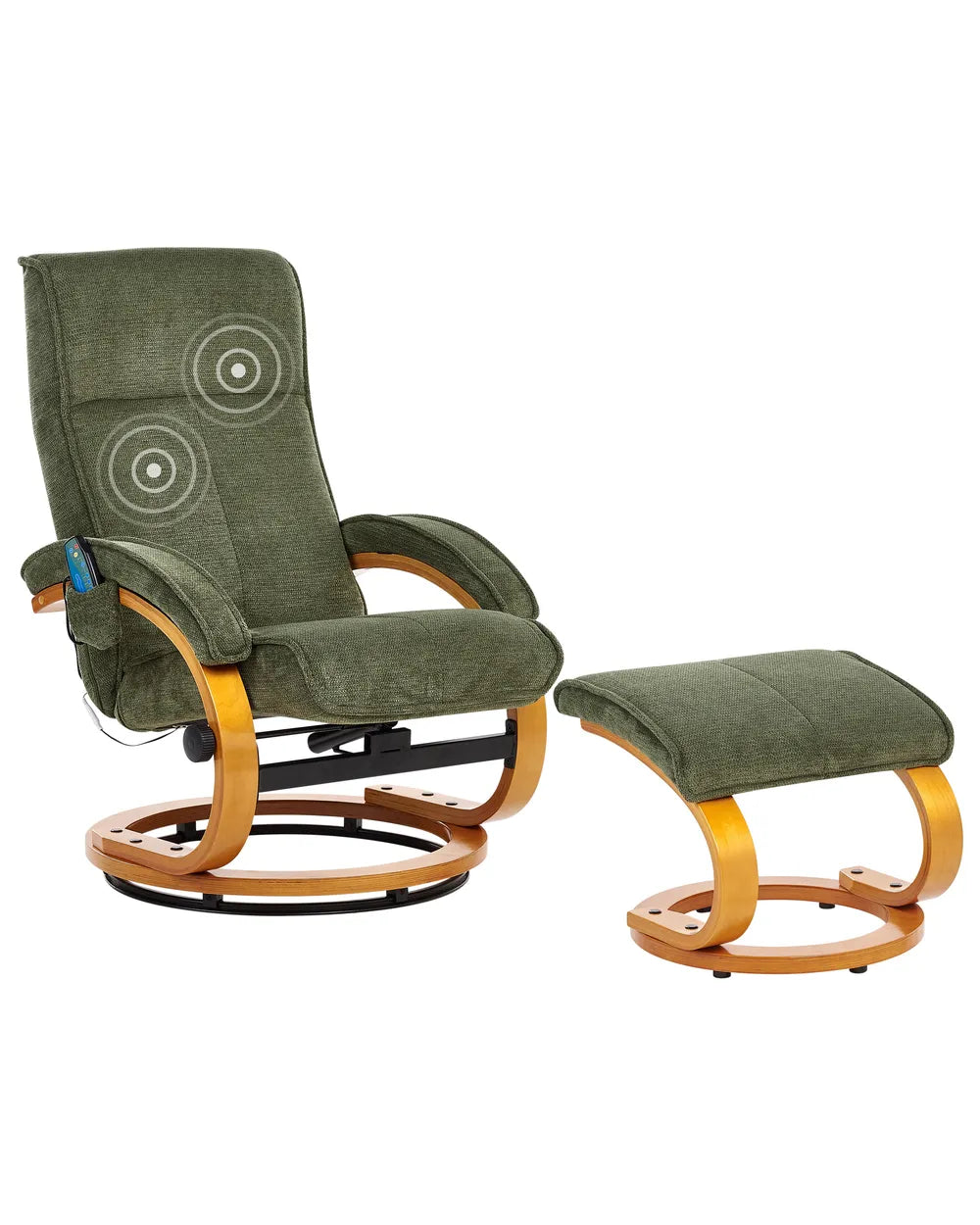 Green recliner chair with wooden base and matching ottoman on a white background