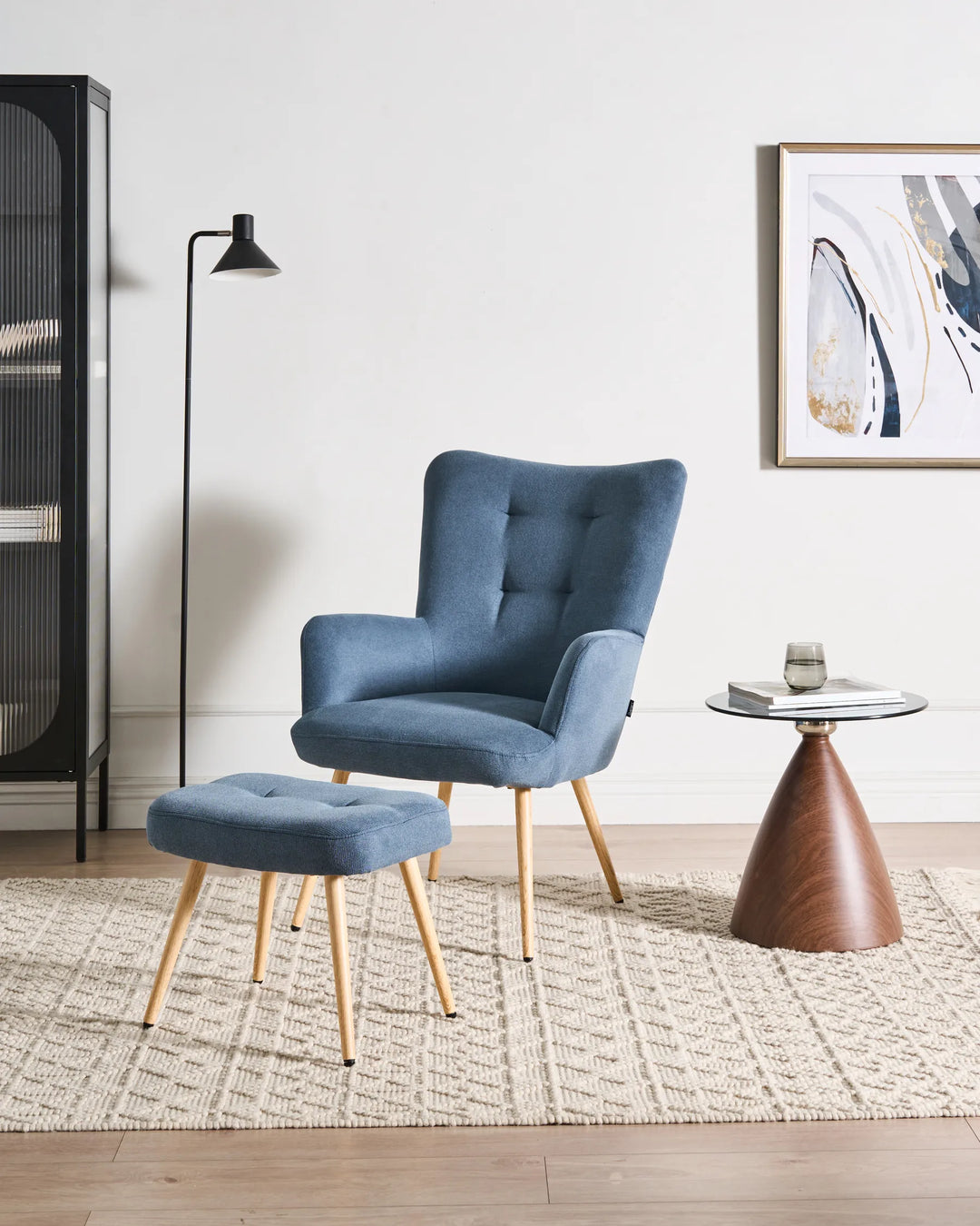 Wingback Chair with Footstool Velvet Dark Blue Devonaire