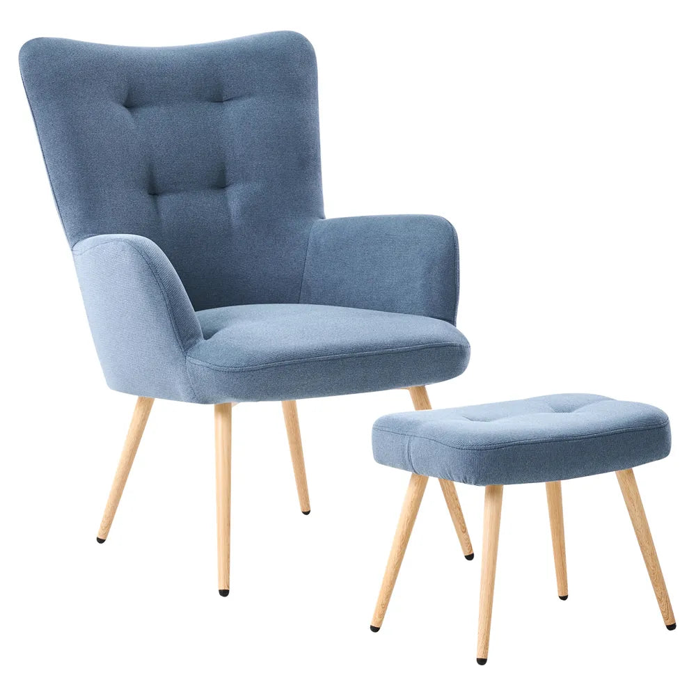 Wingback Chair with Footstool Velvet Dark Blue Devonaire