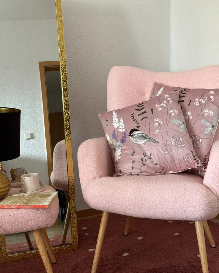 Wingback Chair with Footstool Boucle Pastel Pink Devonaire