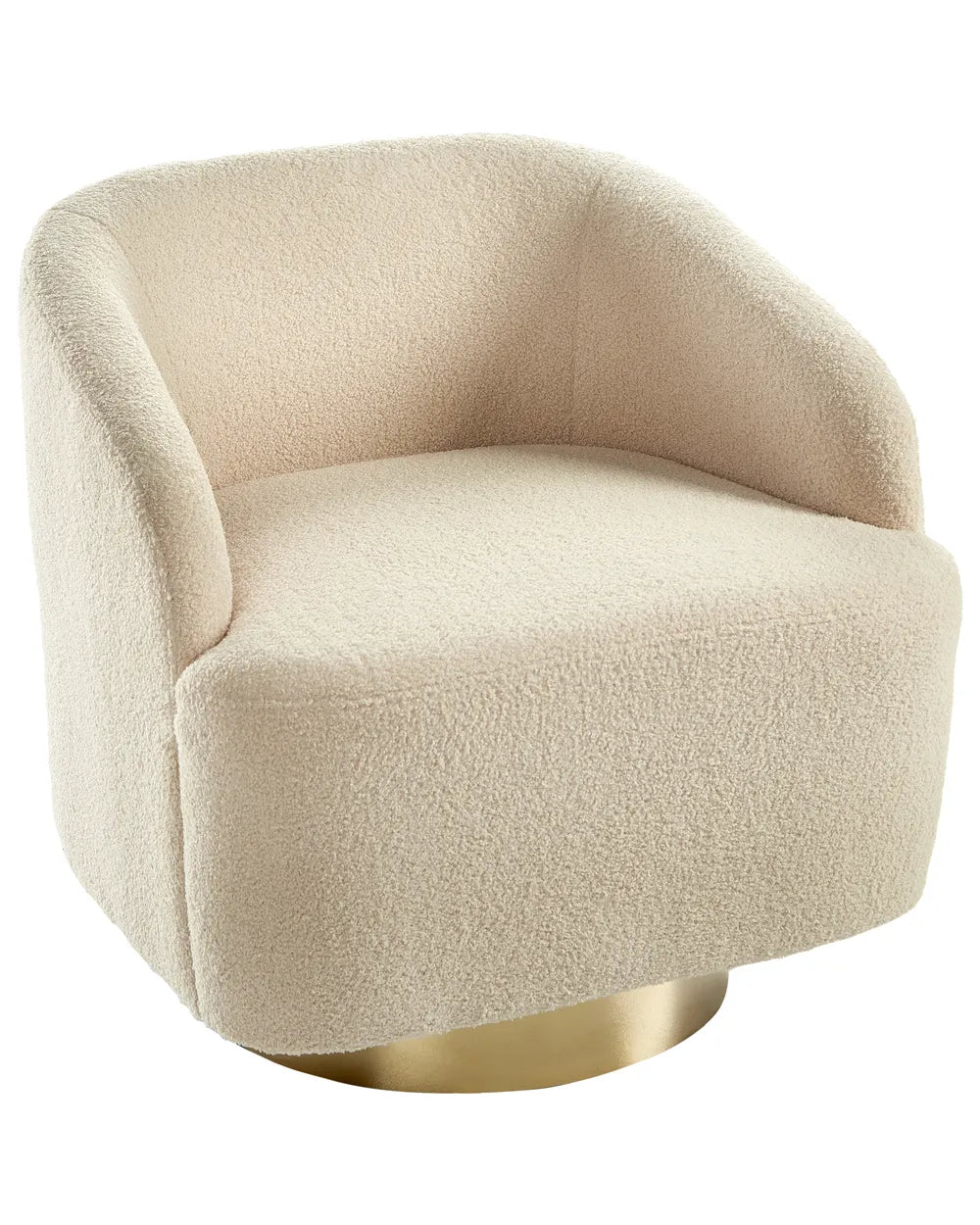 Beige upholstered chair with a gold base on a white background