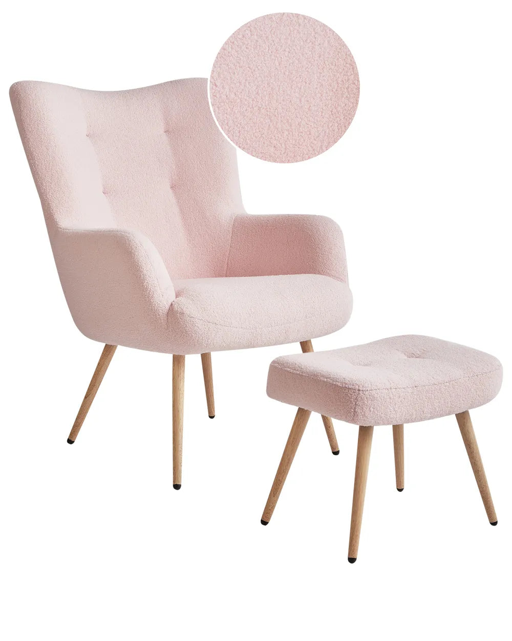 Pink armchair with matching ottoman on a white background
