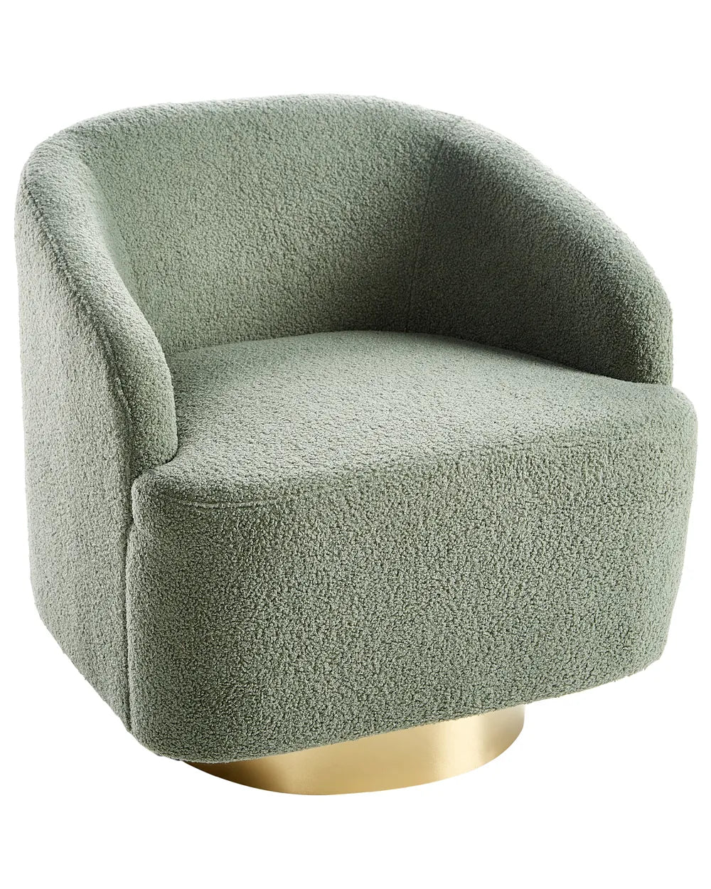 Green textured chair with a gold base on a white background