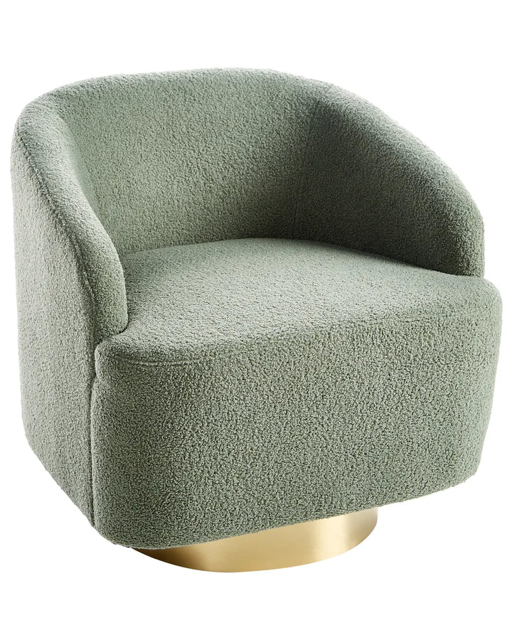 Green textured chair with a gold base on a white background