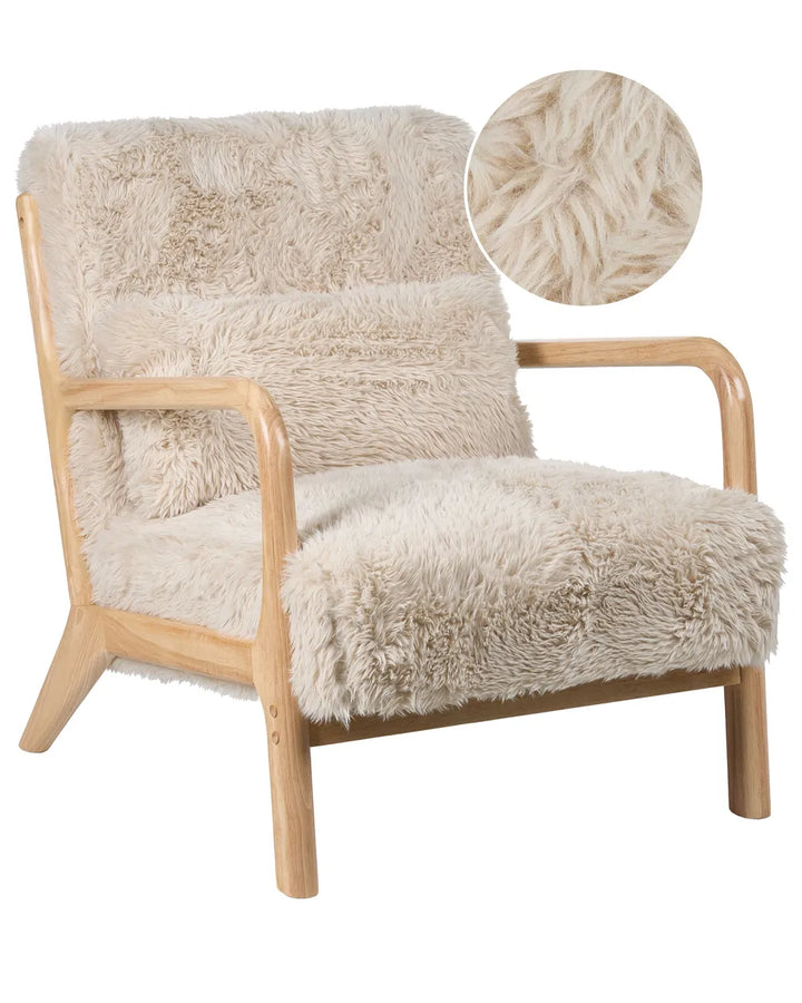 Beige armchair with fluffy texture and close-up of the fabric on a white background