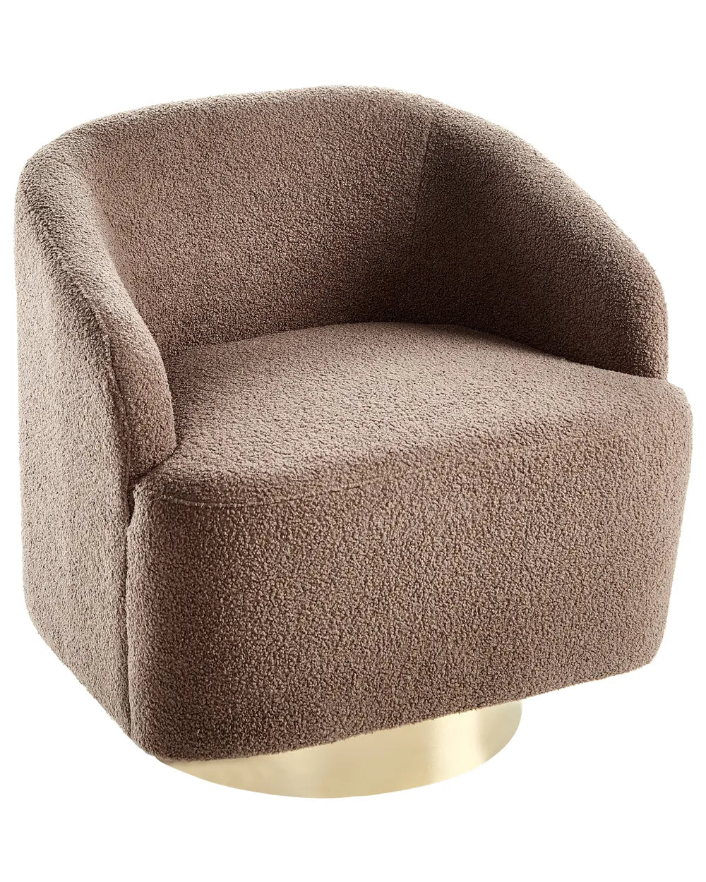 Brown textured armchair with a gold swivel base on a white background
