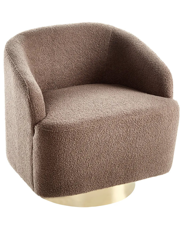 Brown textured armchair with a gold swivel base on a white background