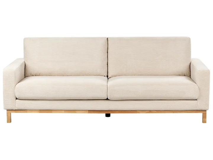 Beige sofa with wooden frame on a white background