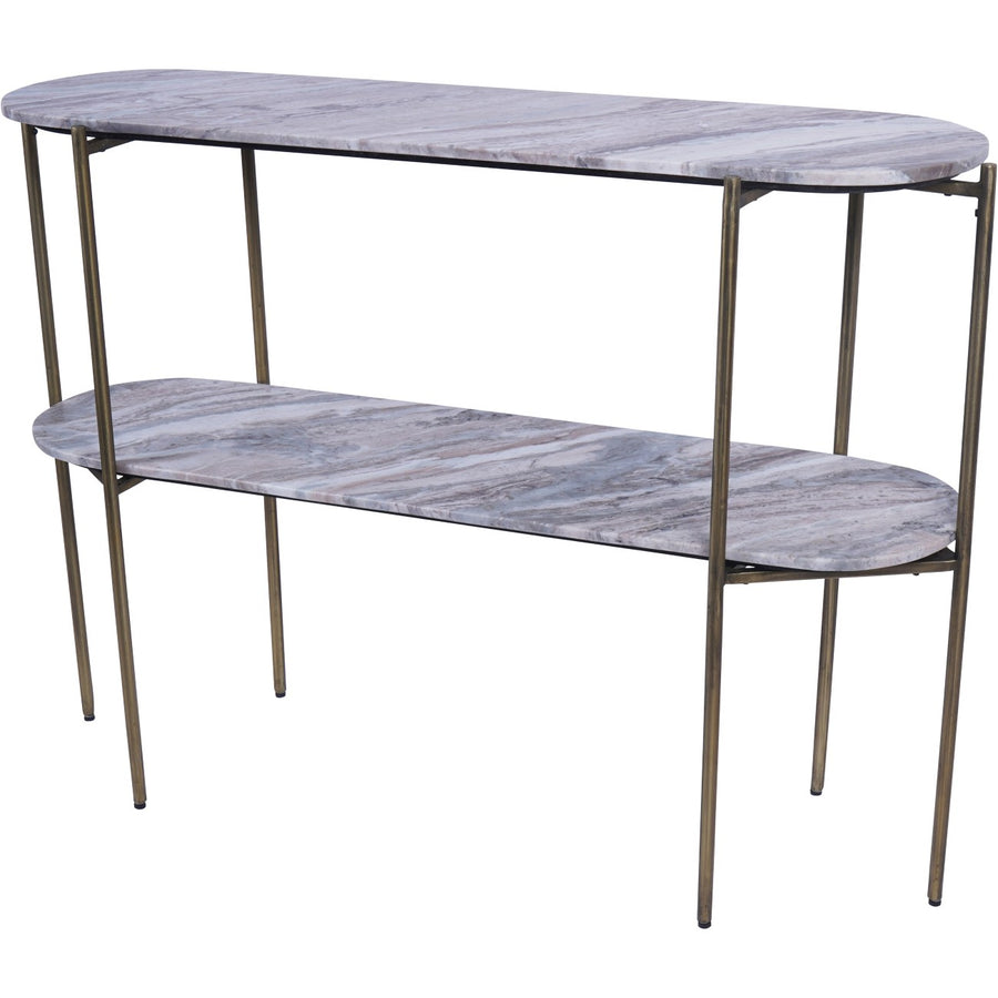 Marble-patterned console table with bronze legs on a white background