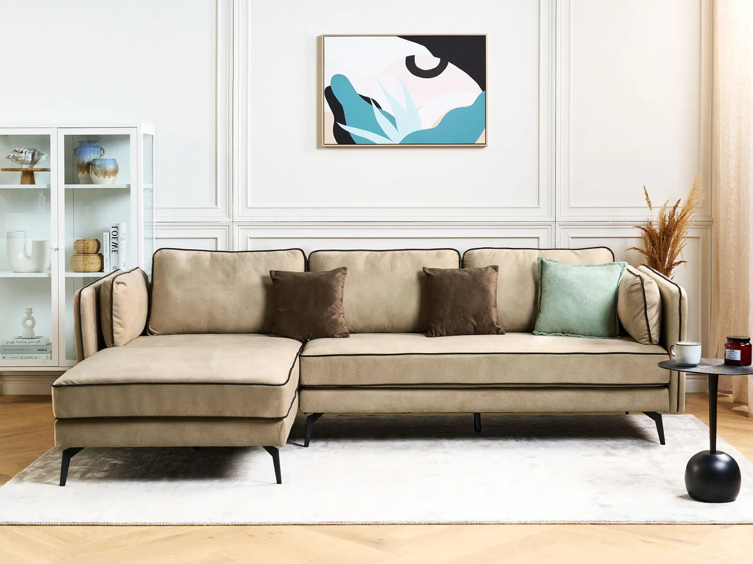 Right hand beige velvet corner sofa with black piping