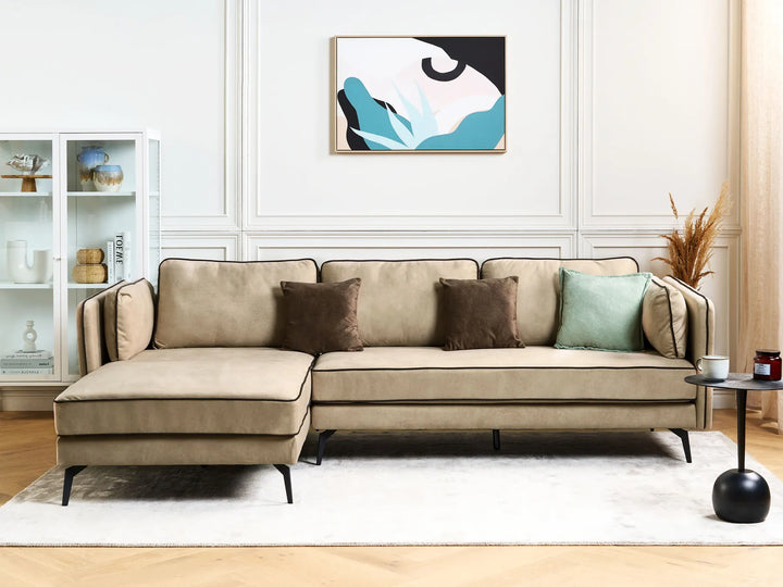 Right hand beige velvet corner sofa with black piping