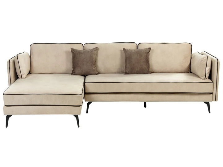 Beige velvet corner sofa 3 seater right hand modern design