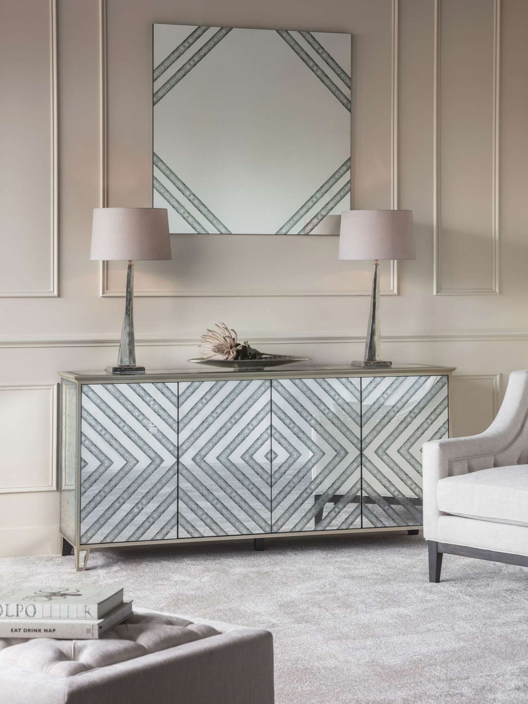 Art Deco antique mirrored four door sideboard with chevron detailing