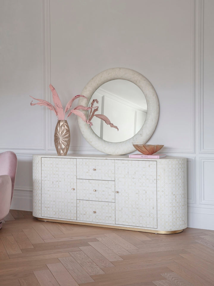 Aspen bone inlay buffet sideboard with curved edges