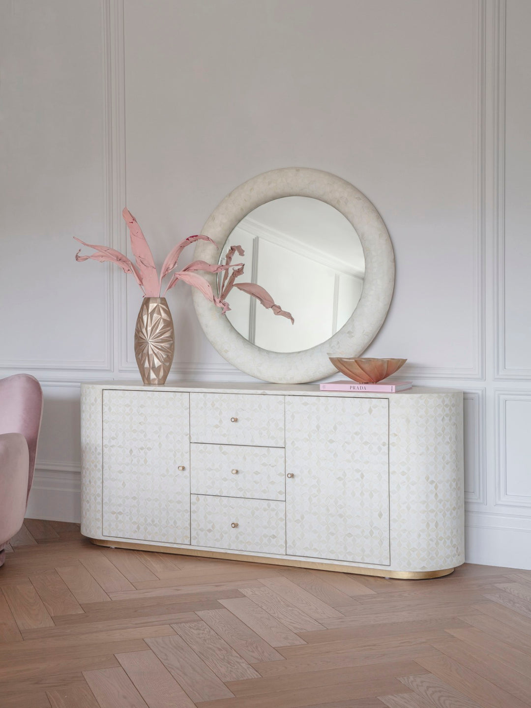 Libra Aspen Art Deco Bone Inlay Patterned Round Mirror 100cm