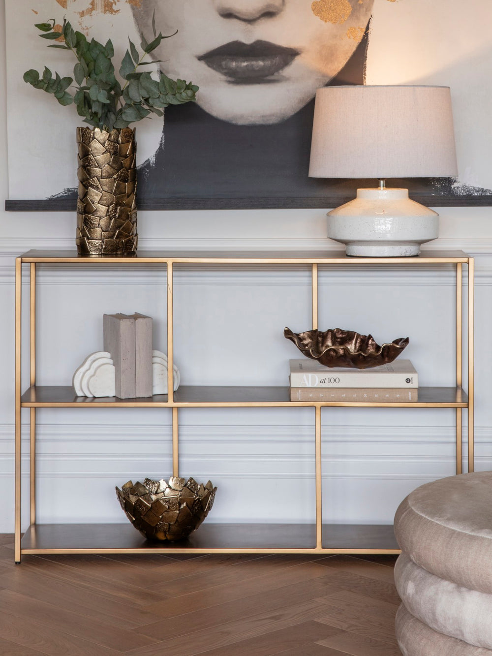 Libra Brooks console table with shelf in brushed champagne