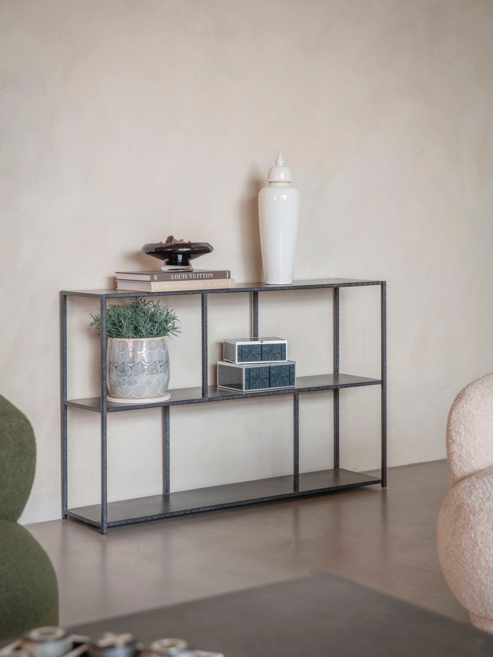 Side profile of Libra Brooks console table highlighting slim metal frame