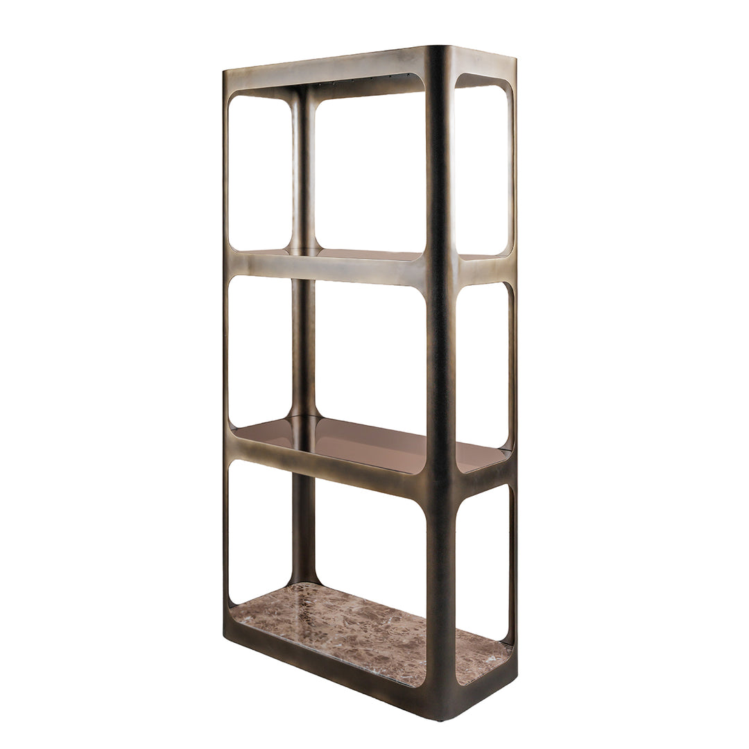 Bronze metal shelf with three shelves on a white background