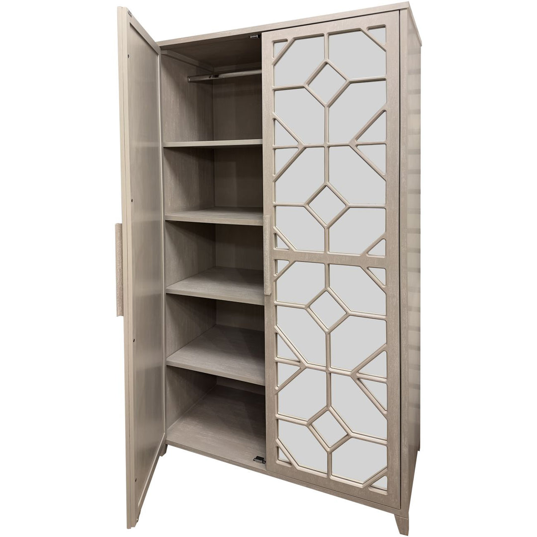 Beige cabinet with geometric mirror door on a white background