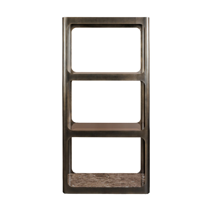 Wooden bookshelf with three shelves on a white background