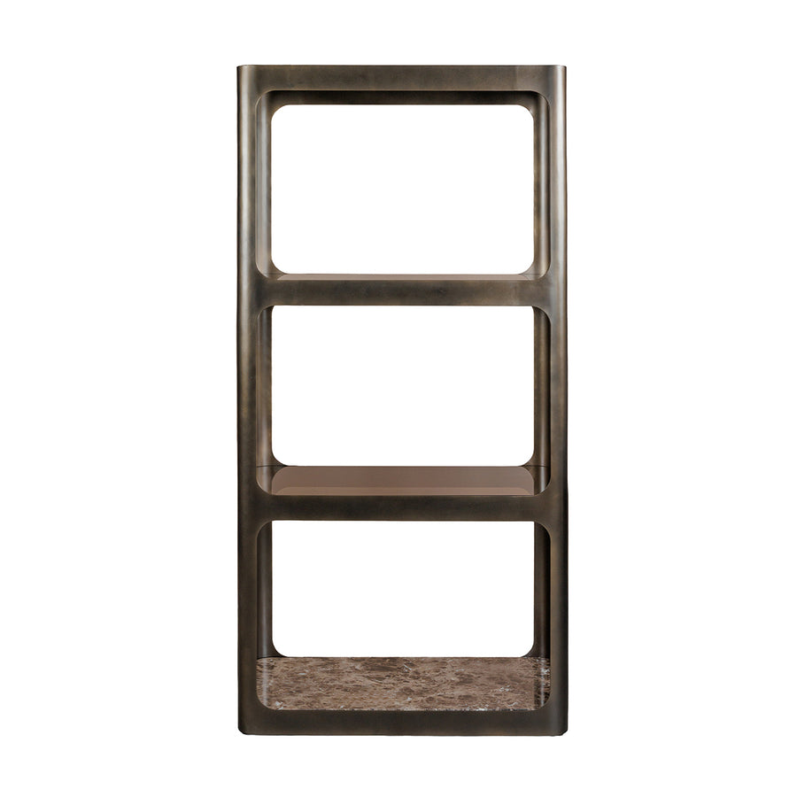 Wooden bookshelf with three shelves on a white background