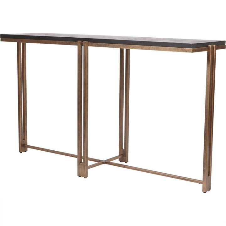 Dalston console table in black sandblasted wood with champagne metal frame