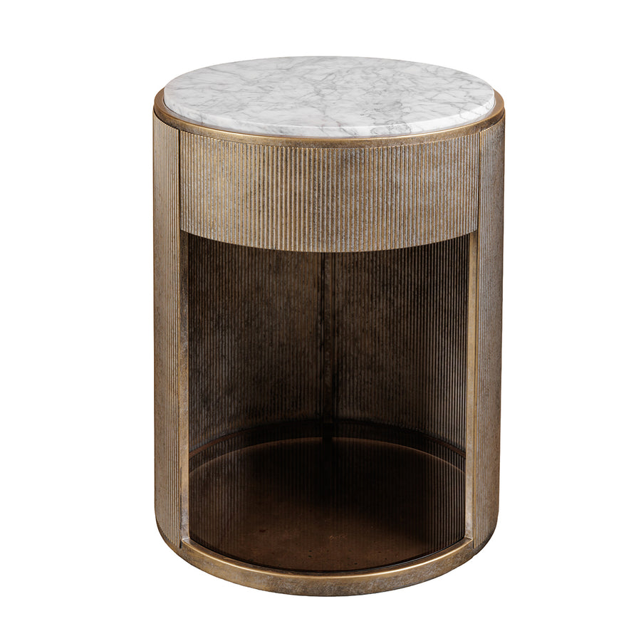Round side table with marble top and bronze base on a white background