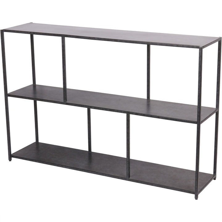 Angled view of Libra Brooks console table showing mottled black metal finish