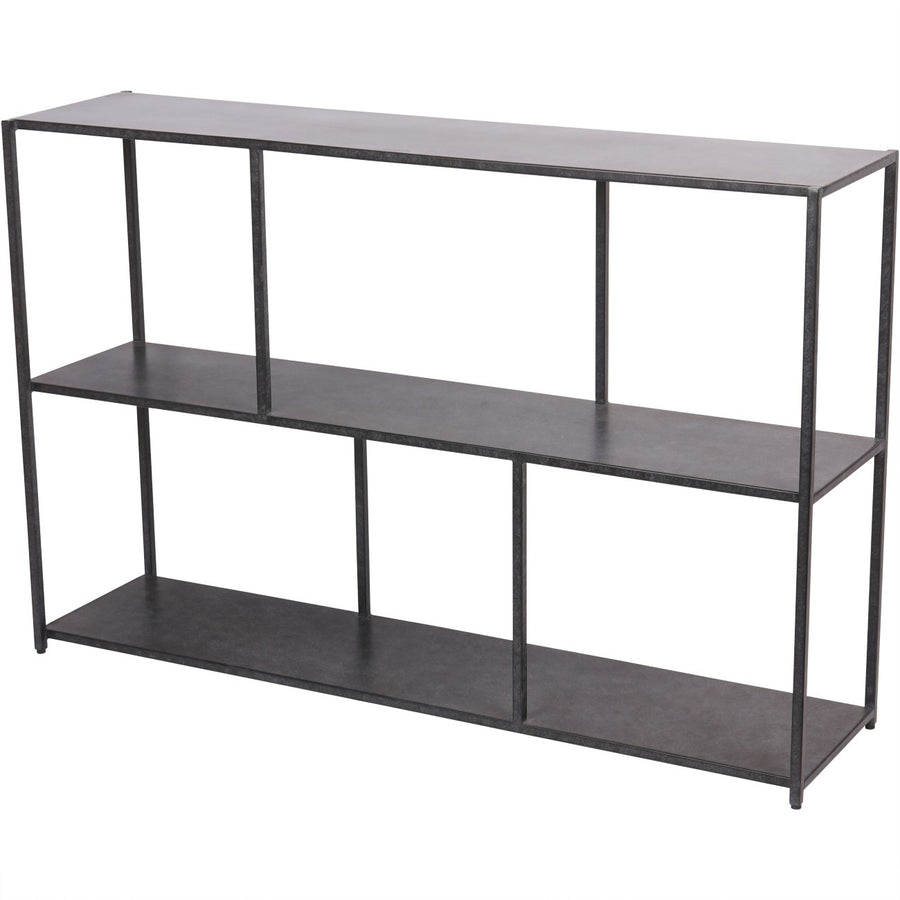 Angled view of Libra Brooks console table showing mottled black metal finish