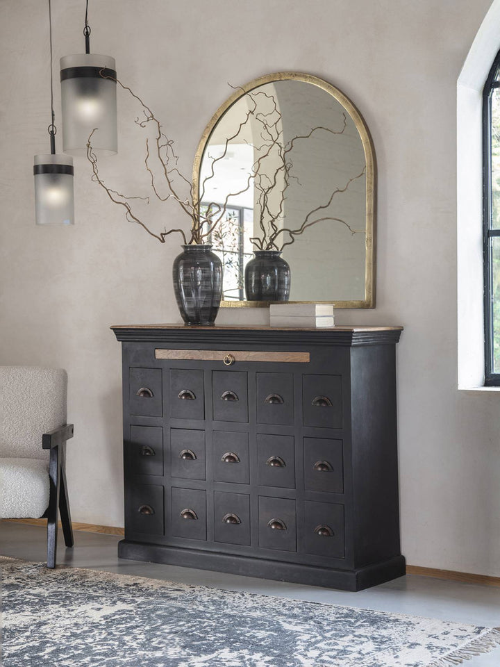 Hoxton II antique black mango wood chest with 15 drawers and brass handles
