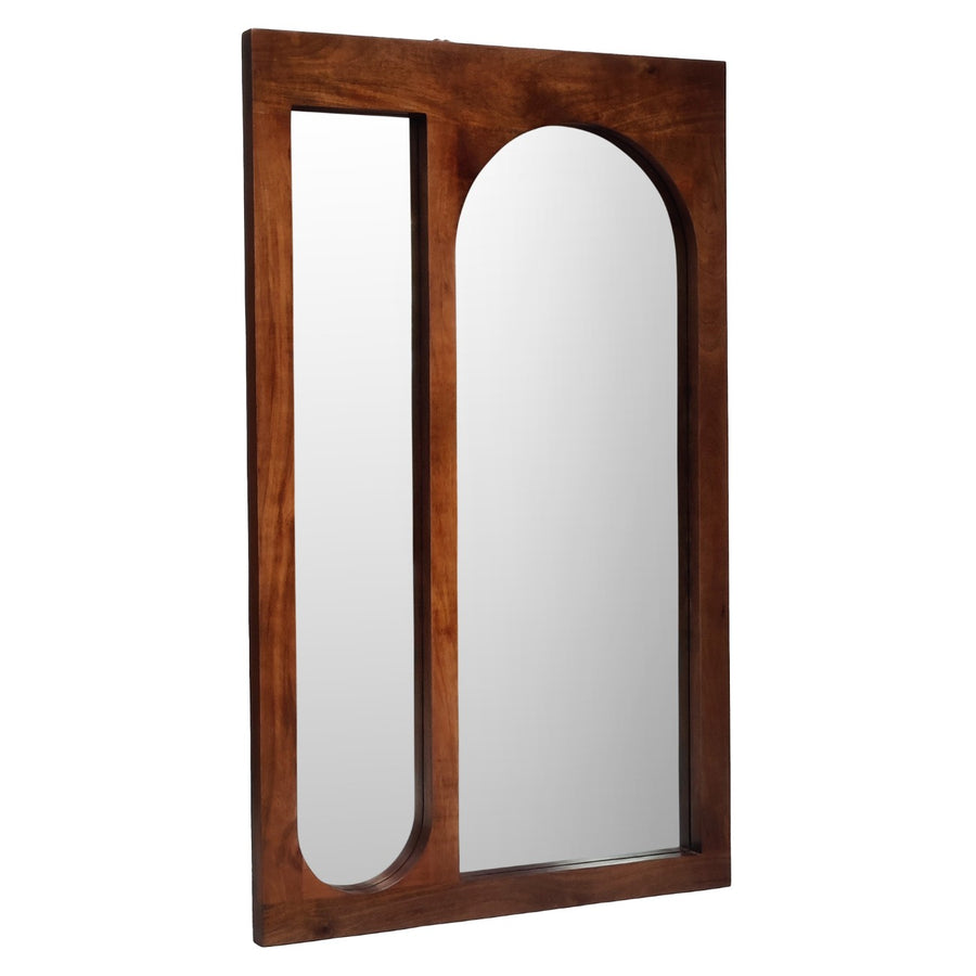 Wooden-framed mirror with a unique design on a white background