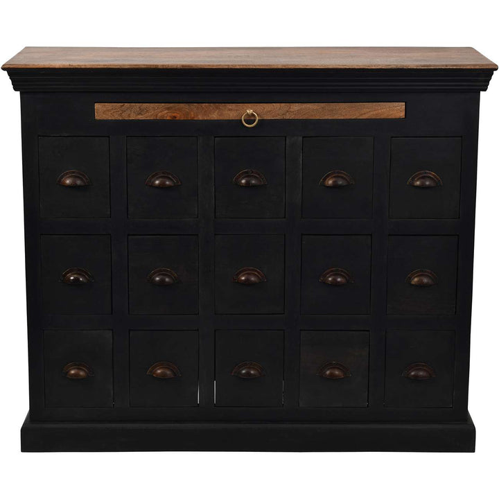 Hoxton II antique black mango wood chest with 15 drawers and brass handles