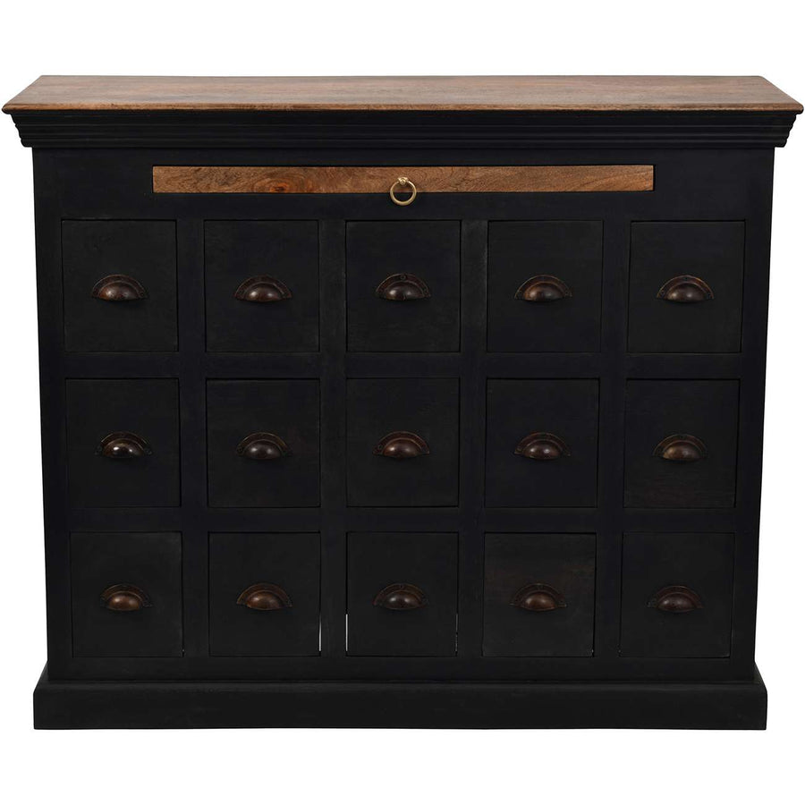 Hoxton II antique black mango wood chest with 15 drawers and brass handles