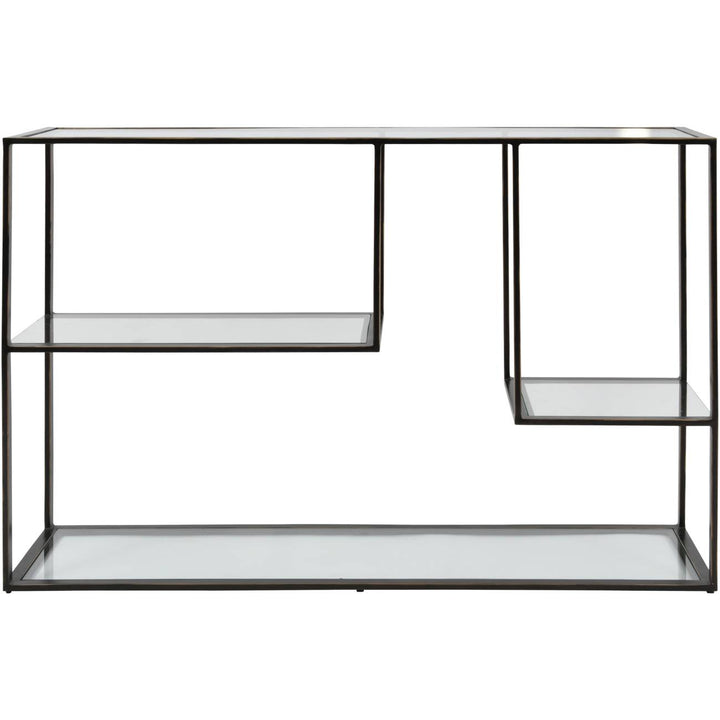Black metal console table with glass shelves on a white background