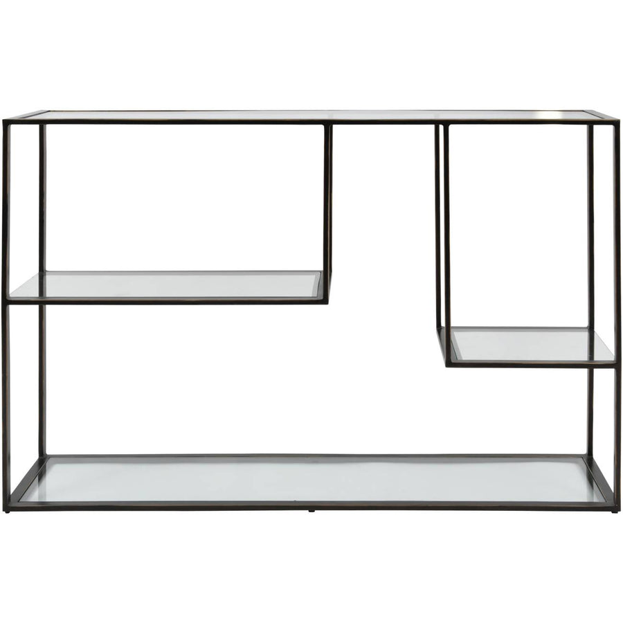 Black metal console table with glass shelves on a white background