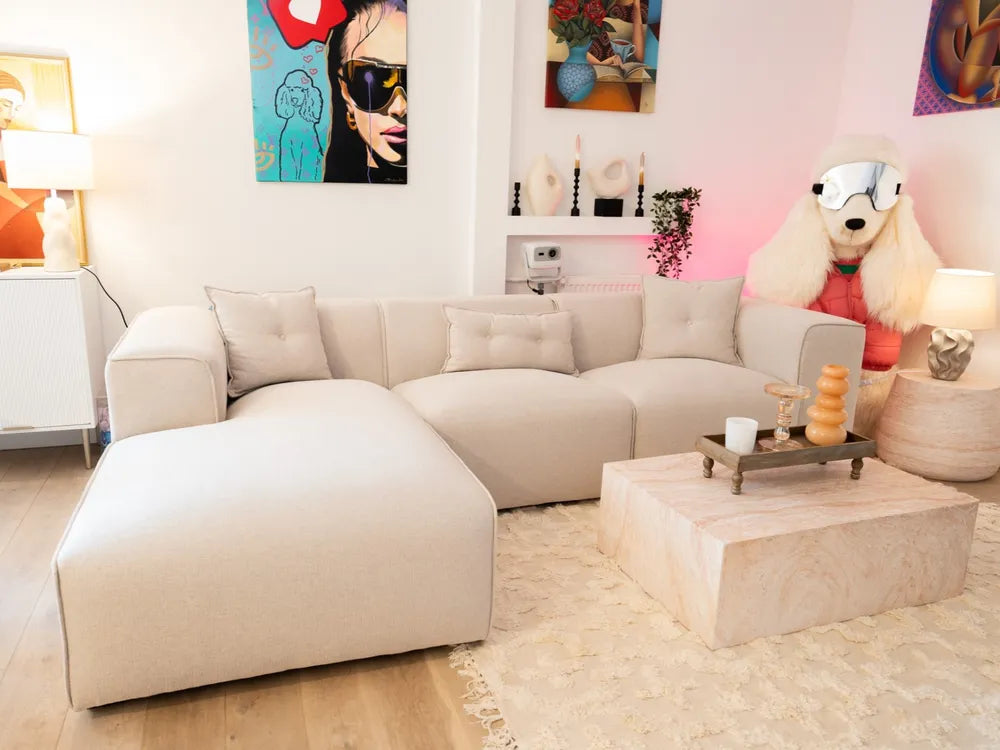 Corner Sofa 3 Seater Fabric Light Beige Right Hand Rafael