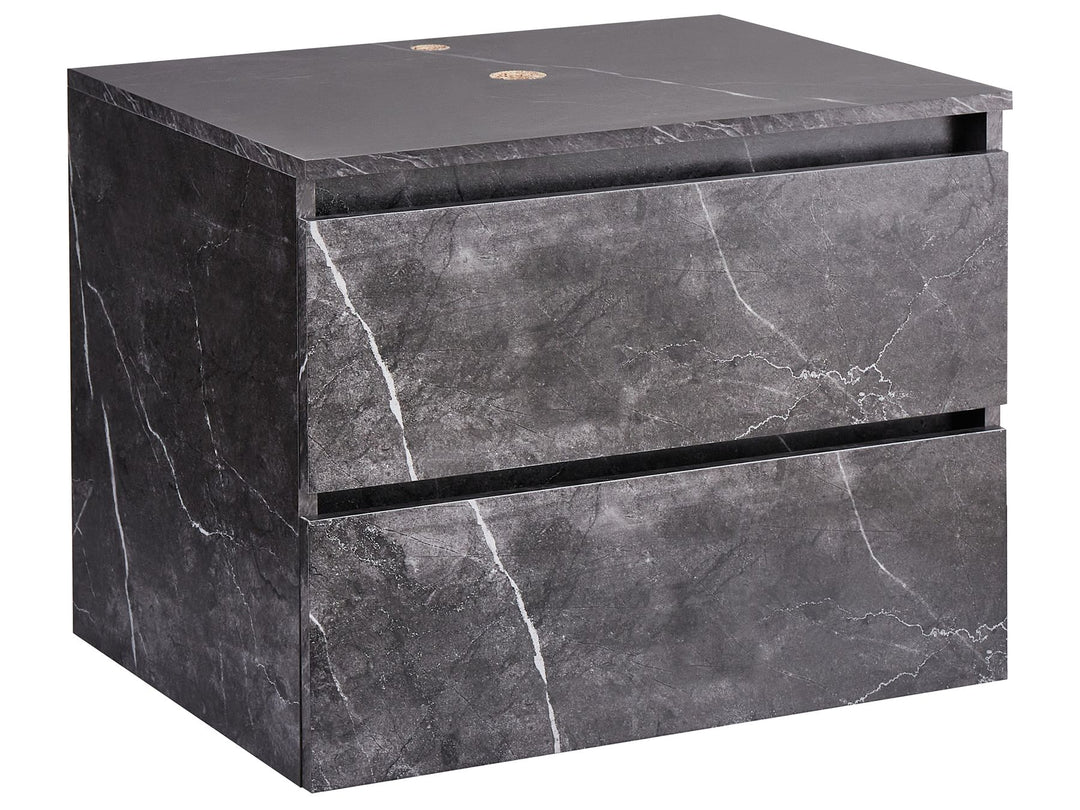 Black marble-patterned cabinet with two drawers on a white background
